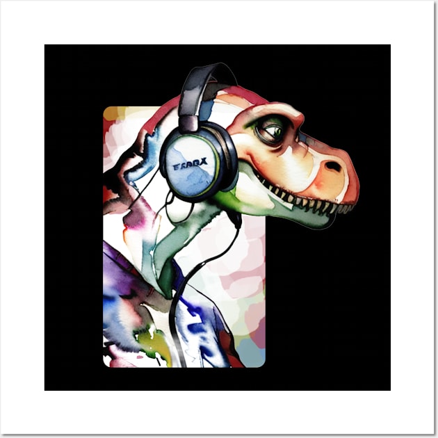 Dinosaur with Headphones Wall Art by Rishirt